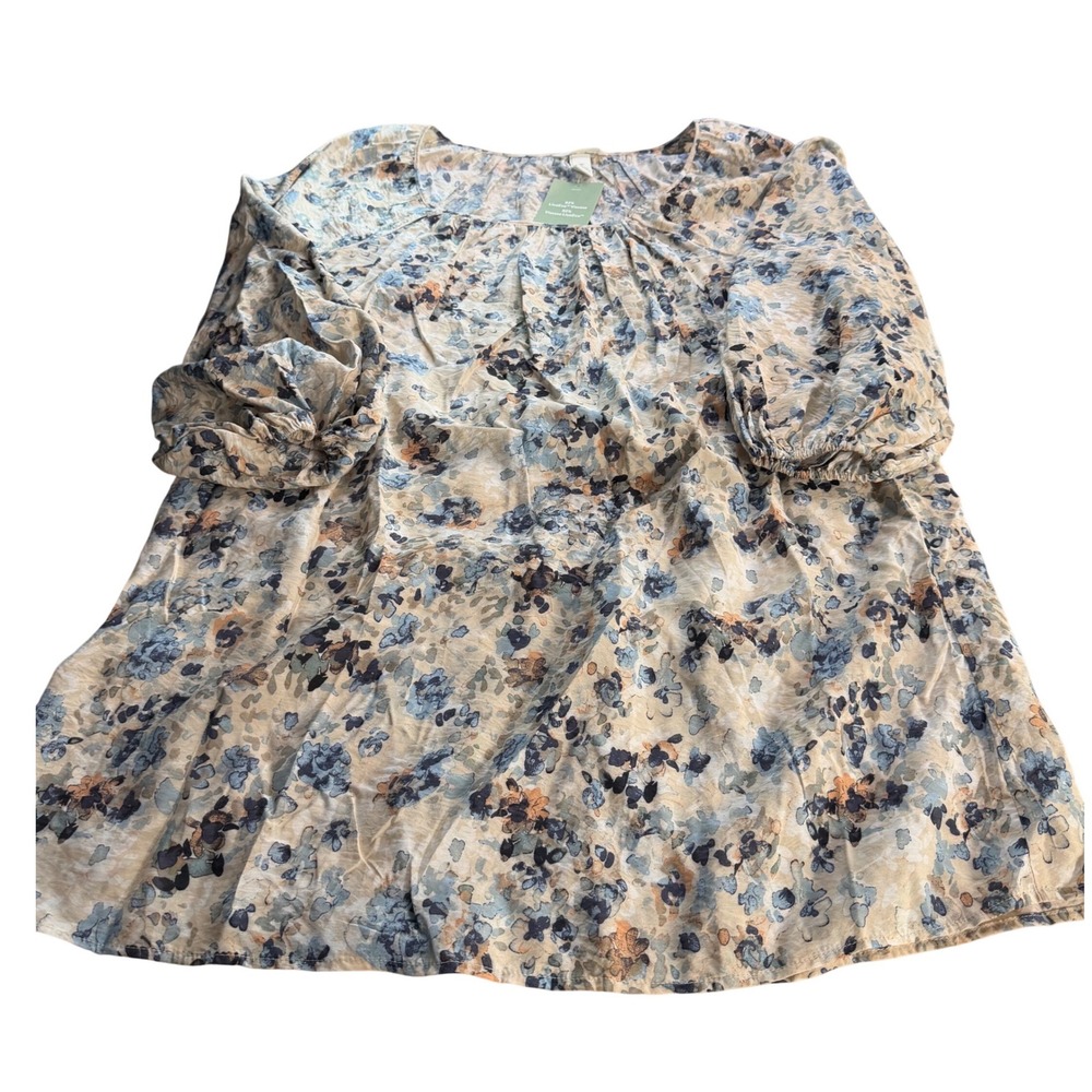 HM LivaEco Viscose Floral Balloon Sleeve Blouse Blue Tan Boho Tunic Top Large